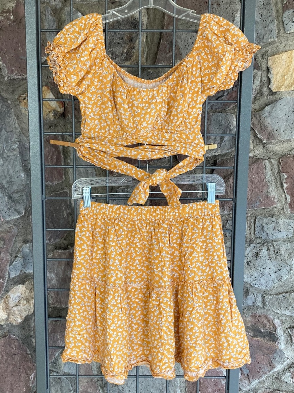 LYANER Yellow Floral Off-Shoulder Wrap Crop Top and Matching Skirt Set - Small